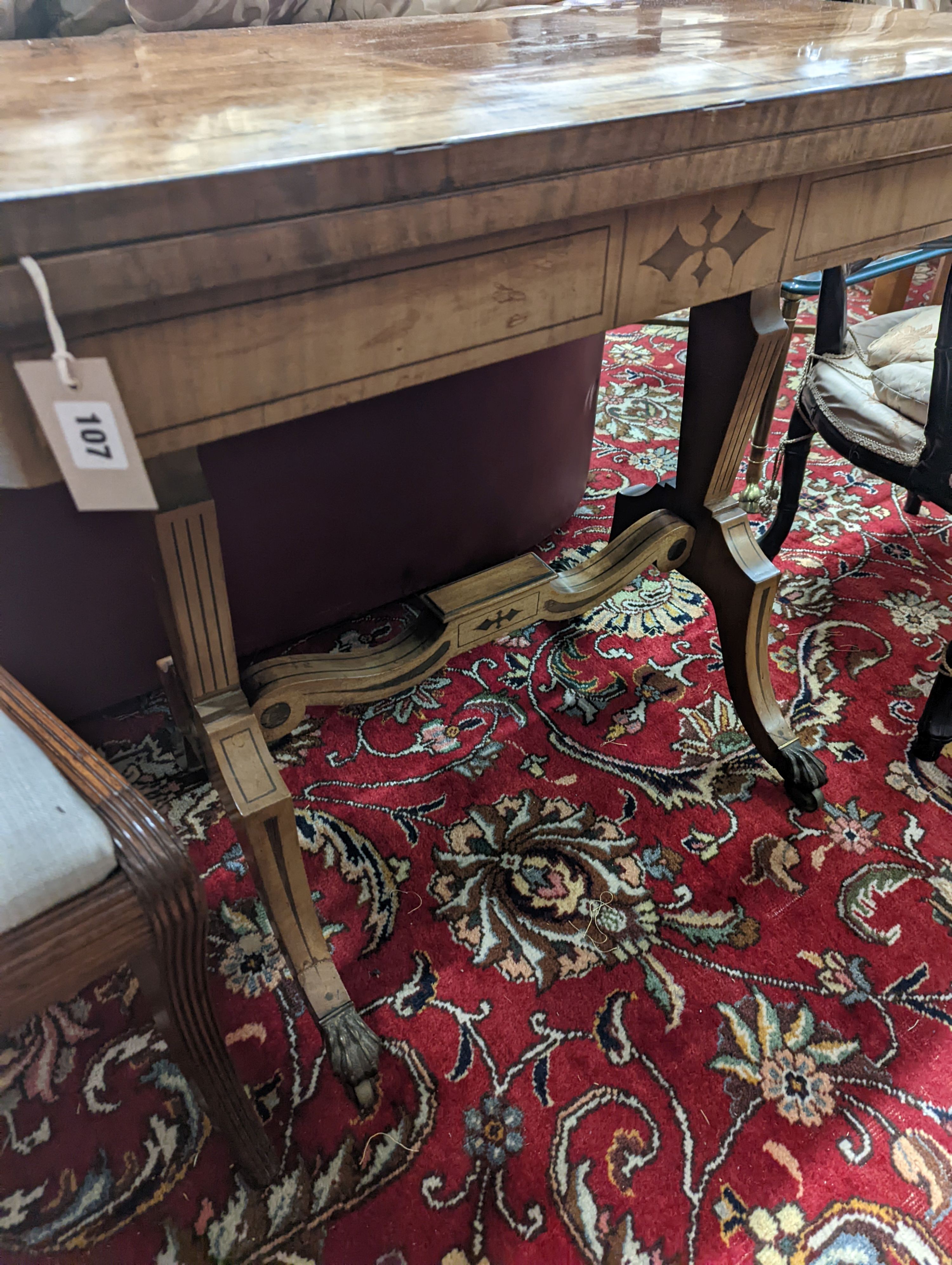 A Regency rectangular inlaid mahogany folding card table, width 91cm, depth 44cm, height 75cm